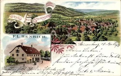 Litho Steinenberg Rudersberg in Württemberg, Gesamtansicht, Gasthof F. L. Henrich