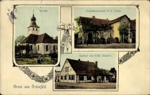 Ak Grünefeld Schönwalde Glien Havelland, Kirche, Manufakturwaren F. C. Peters, Gasthof