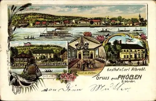 Litho Phöben Werder, Gasthof, Havel, Stadtansicht, Halle, Saal, Bühne