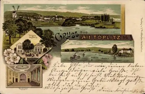 Litho Alt Töplitz Werder an der Havel, Gesamtansicht, Windmühle, Hagens Gasthaus, Festsaal