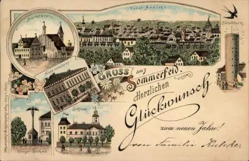 Litho Sommerfeld Kremmen im Havelland, Marktplatz, Schulhaus, Schloss, Kriegerdenkmal, Büttelturm