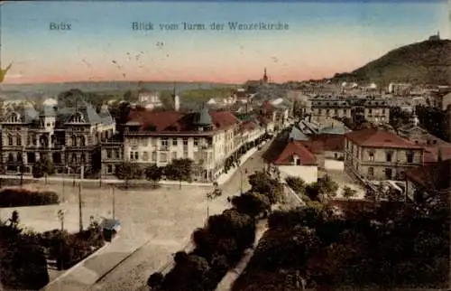 Ak Most Brüx Region Aussig, Gesamtansicht, Turm der Wenzelkirche