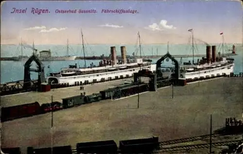 Ak Sassnitz auf der Insel Rügen, Fährschiffanlage, Güterwaggons