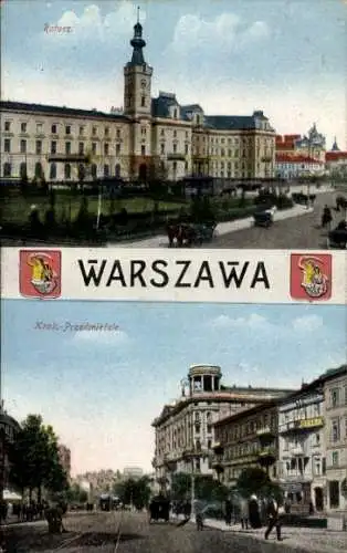 Ak Warschau Polen, Krakauer Straßenpartie in der Vorstadt mit Rathaus