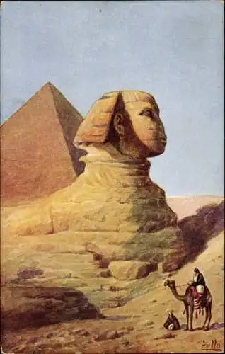 Künstler Ak Zullo, Ägypten, Blick auf die Sphinx und Pyramide, Kamel