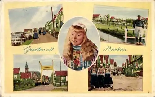 Ak Marken Nordholland Niederlande, Straße, Fluss, Niederländische Tracht