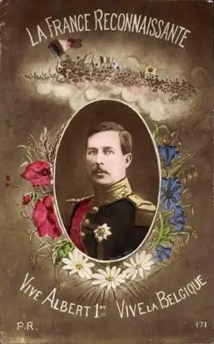 Ak König Albert I. von Belgien, Propaganda, Französische Fahne, Blumen