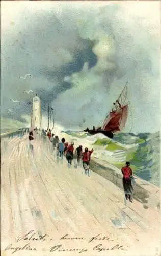 Litho Italien, Brücke, Segelboot, Leuchtturm