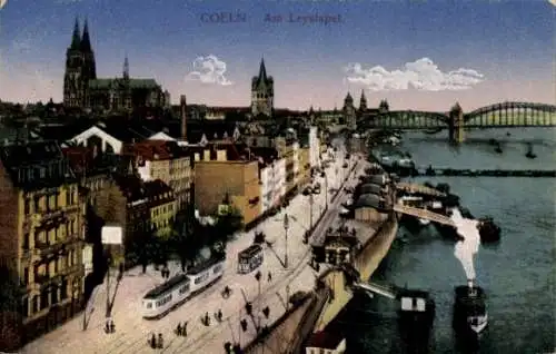 Ak Köln am Rhein, Leystapel, Straßenbahnen, Rheinbrücke, Dom