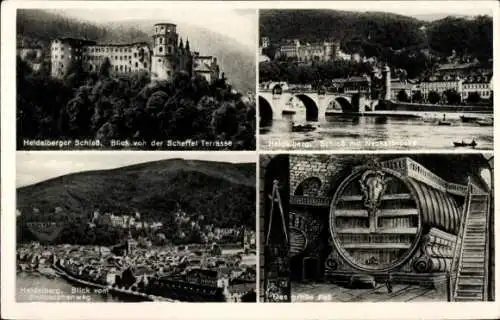 Ak Heidelberg am Neckar, Gesamtansicht, Schloss, Neckarbrücke, großes Fass