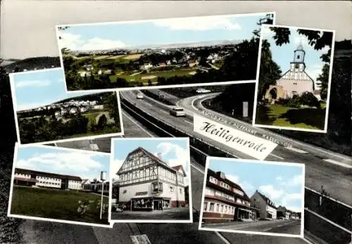 Ak Heiligenrode Niestetal in Hessen, Autobahn, Fachwerkhaus, Kirche, Teilansichten, Panorama