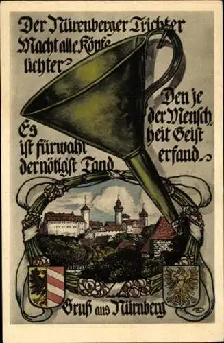 Künstler Ak Nürnberg, Nürnberger Trichter, Teilansicht, Wappen