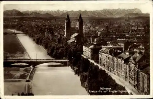 Ak München, Gesamtansicht, Isar, Zugspitzgruppe