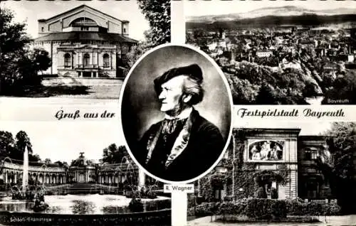 Ak Bayreuth in Oberfranken, Gesamtansicht, Festspielhaus, Richard Wagner, Schloss Eremitage