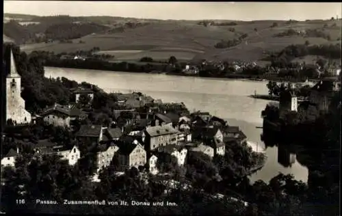 Ak Passau in Niederbayern, Zusammenfluss von Ilz, Donau und Inn