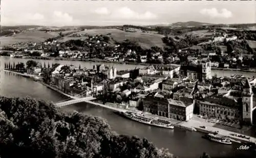 Ak Passau in Niederbayern, Blick vom Oberhaus, Altstadt mit Donau, Inn, Maria-Hilf