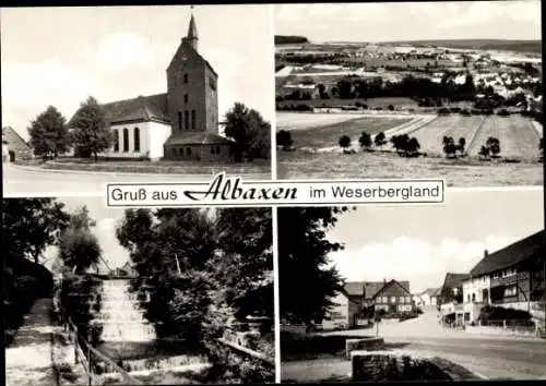 Ak Albaxen Höxter im Weserbergland, Panorama, Kirche, Wasserfall, Straßenansicht