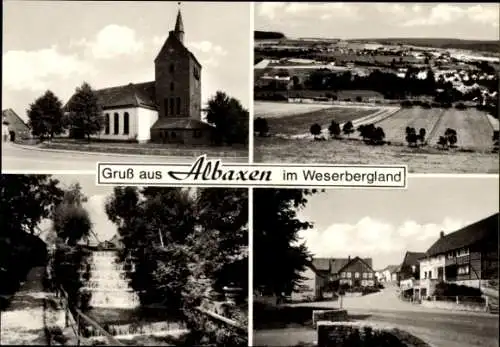 Ak Albaxen Höxter im Weserbergland, Panorama, Kirche, Wasserfall, Straßenansicht