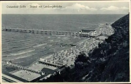 Ak Ostseebad Sellin auf Rügen, Strand, Landungsbrücke