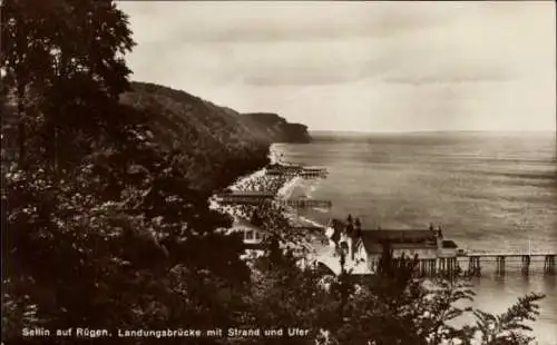 Ak Ostseebad Sellin auf Rügen, Landungsbrücke, Strand, Ufer