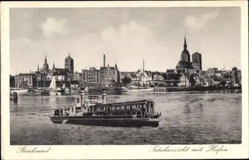 Ak Stralsund in Vorpommern, Totalansicht, Hafen, Schiffe