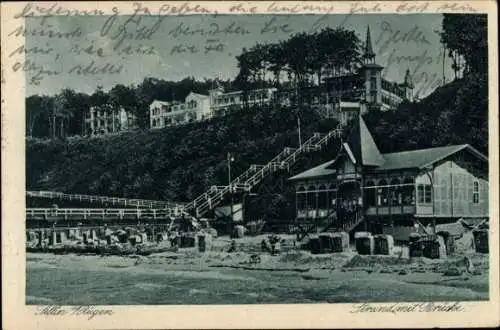 Ak Ostseebad Sellin auf Rügen, Strand, Brücke