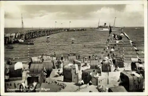 Ak Ostseebad Göhren auf Rügen, Seebrücke, Strand, Strandkörbe, Schiff