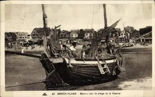 Ak Berck Plage Pas de Calais, Boot am Strand, Kasino