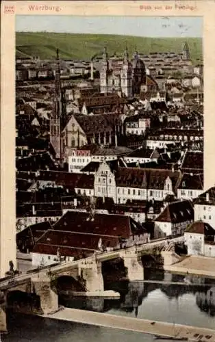 Ak Würzburg am Main Unterfranken, Teilansicht, Blick von der Festung