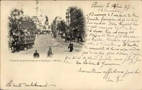 Ak Paris III, Place de la République, Rue du Temple, Kutsche