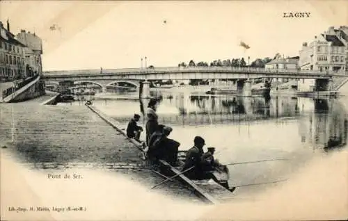 Ak Lagny Seine et Marne, Pont de fer, Angler