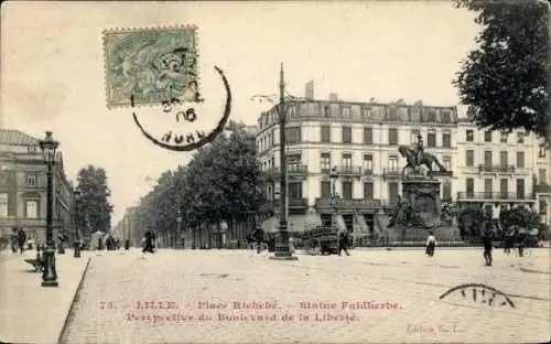 Ak Lille Nord, Place Richebe, Statue Faidherbe, Perspective du Boulevard de la Liberte