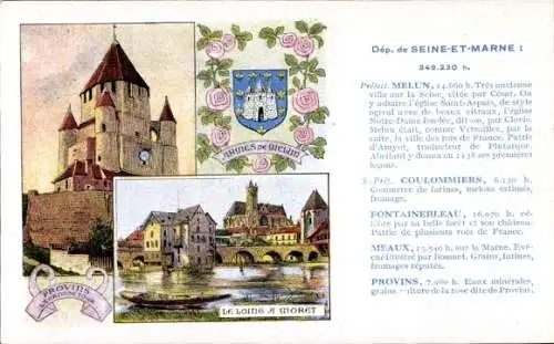 Ak Provins Seine et Marne, La Grande Tour, Écusson, Le Loing à Moret