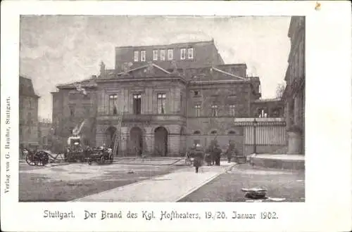 Ak Stuttgart in Baden Württemberg, Brand Kgl. Hoftheater 19.-20. Januar 1902, Feuerwehr beim Löschen