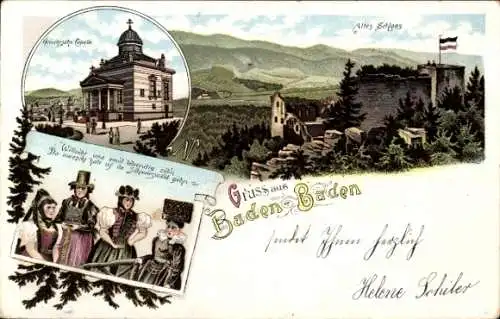 Litho Baden Baden am Schwarzwald, Altes Schloss, griechische Kapelle, Frauen in Trachten