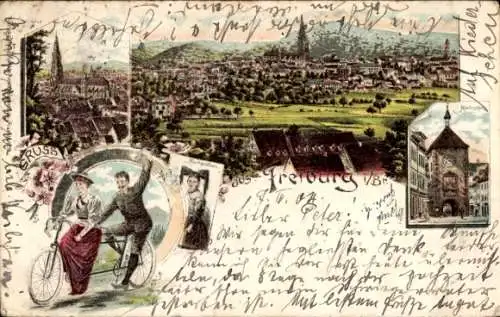 Litho Freiburg im Breisgau, Panorama, Tandemfahrt, Tor, Tracht