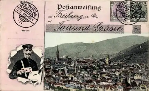 Passepartout Ak Freiburg im Breisgau, Gesamtansicht, Postbote, Postanweisung