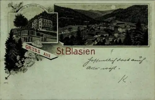 Mondschein Litho St. Blasien im Schwarzwald, Hotel Pension Krone, Ort