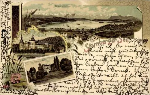 Litho Berg am Starnberger See in Oberbayern, Leoni, Schloss Berg, Totale vom Ort