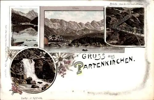 Litho Garmisch Partenkirchen in Oberbayern, Eibsee, Kuhflucht, Brücke über die Höllentalklamm