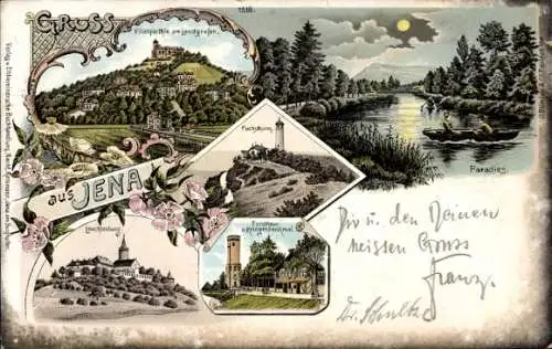 Litho Jena in Thüringen, Fuchsturm, Leuchtenburg, Forsthaus, Kriegerdenkmal, Paradies bei Nacht