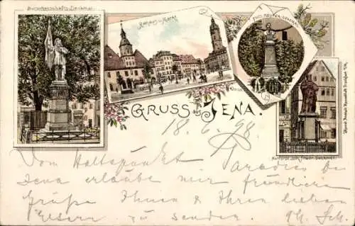 Litho Jena in Thüringen, Rathaus, Markt, Fritz Reuter Denkmal