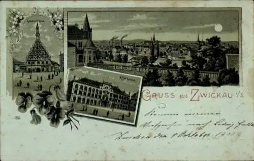 Mondschein Litho Zwickau in Sachsen, Stadt bei Nacht, Rathaus, Gewandhaus