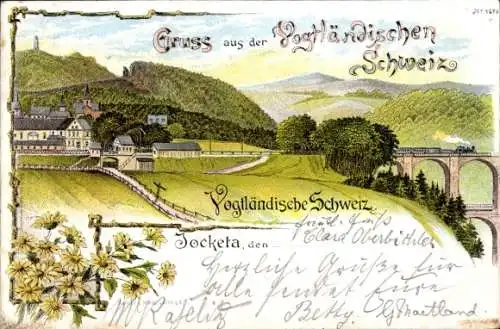 Litho Jocketa Pöhl Vogtländische Schweiz, Blick auf den Ort, Eisenbahnbrücke, Aussichtsturm