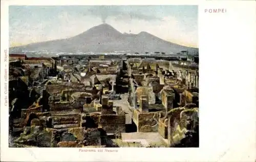 Ak Pompei Campania, Panorama col Vesuvio