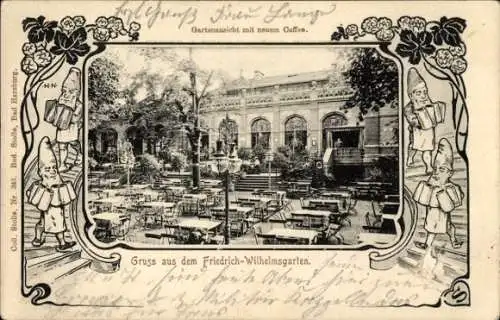 Passepartout Ak Magdeburg, Friedrich Wilhelms Garten, Neues Cafe, Zwerge servieren Bierkrüge