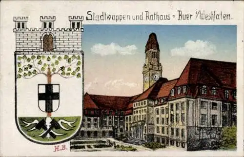 Wappen Künstler Ak Buer in Westfalen Gelsenkirchen Ruhrgebiet, Rathaus, Stadtwappen