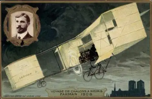 Präge Ak Reise von Chalons nach Reims, Farman 1908, Luftfahrt