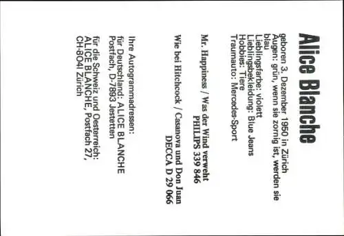 Ak Schauspielerinn Alice Blanche, Portrait, Autogramm, Sängerin