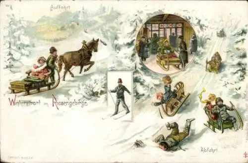 Künstler Litho Riesengebirge Schlesien, Wintersport, Schlitten